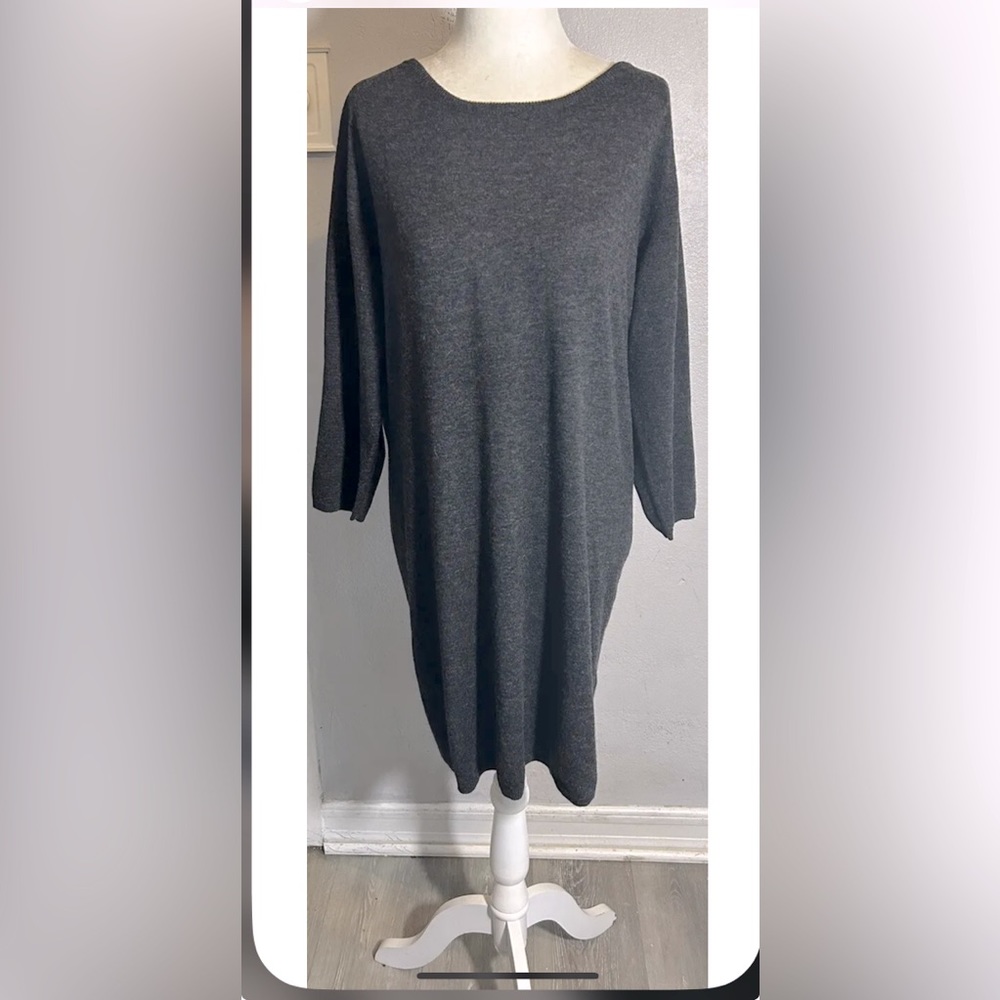 Wood Wood Mini Sweater Dress 100% Merino Wool Charcoal Gray Back Zip Long Sleeve